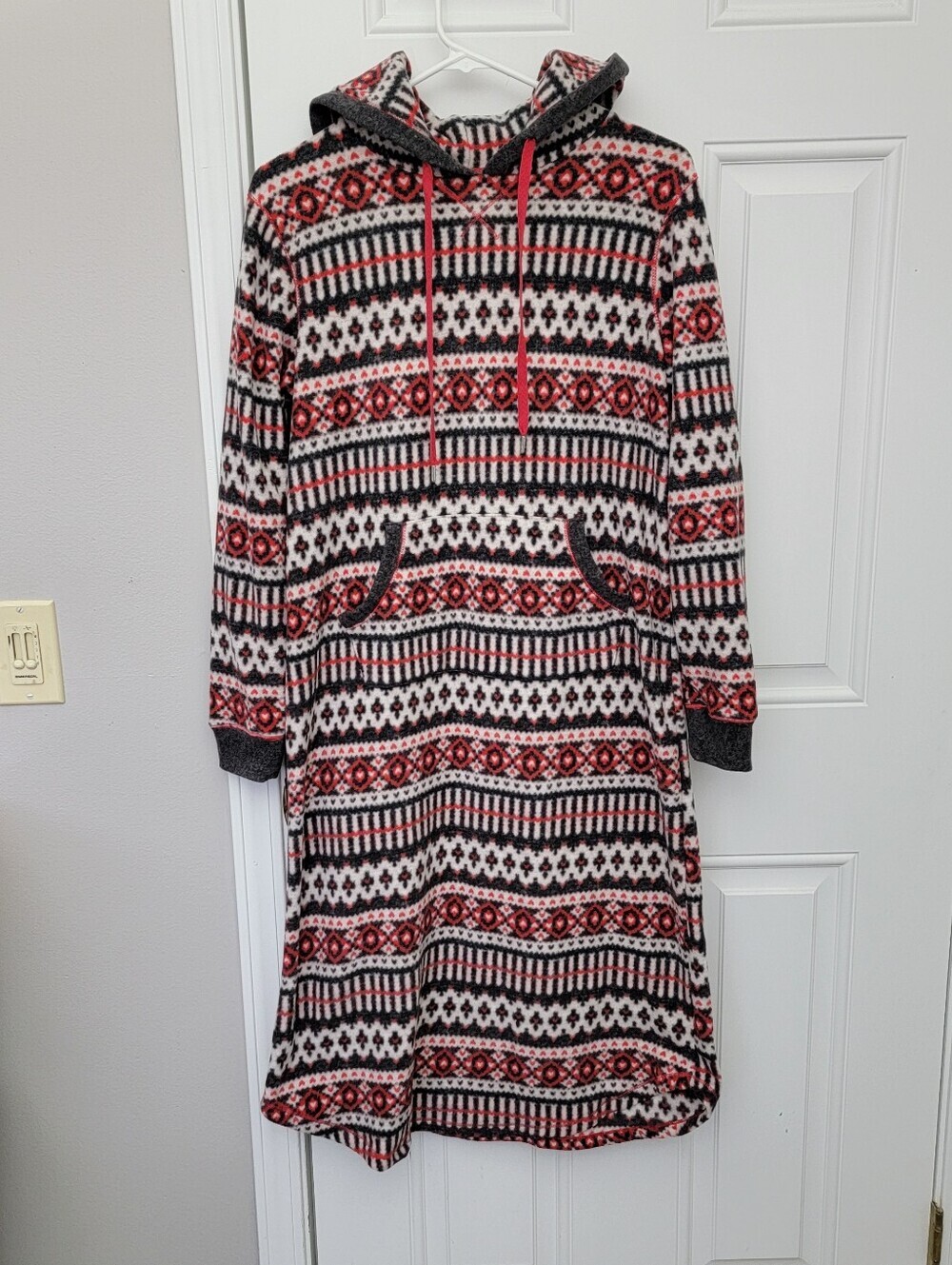 Cuddl Duds Size S Hooded Long Nightgown Robe Pocket Fleece Gray Red Faire Isle